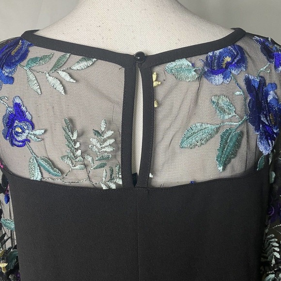 Roz & Ali Black Floral Shift Dress Sz 4 Sheer Embroider Women Elegant Bell 3/4 - Picture 5 of 10
